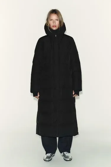 Пуховик ZARA с капюшоном от ветра и воды EXTRA LONG