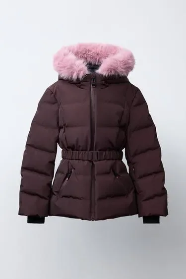 Zara Пуховик с поясом на 80% пуху и 20% перо, водоотталкивающий и ветрозащитный, система RECCO®, коллекция лыжной одежды