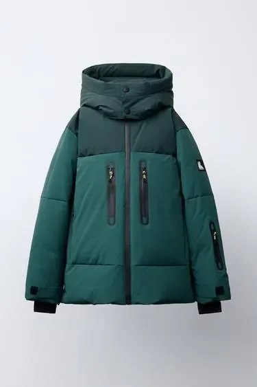 Zara Пуховик с ветрозащитой и водонепроницаемой расцветкой из пуха с капюшоном с системой RECCO® для коллекции лыжной одежды