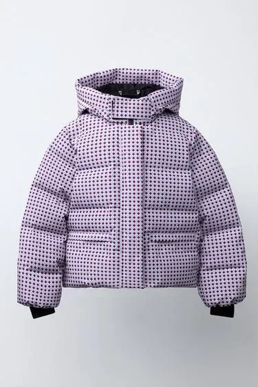 Zara Пуховик ZARA с реCCO® SYSTEM SKI COLLECTION, геометрический принт, 80% пуха и 20% перьев, водонепроницаемый и ветрозащитный