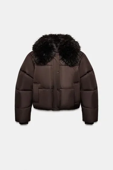 Zara Утепленная куртка-бомбер с лацканами из искусственного меха