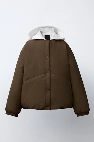 Zara Стеганая куртка с капюшоном и флисовой подкладкой