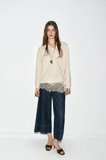 Zara Длинный свитер с комбинированным кружевом