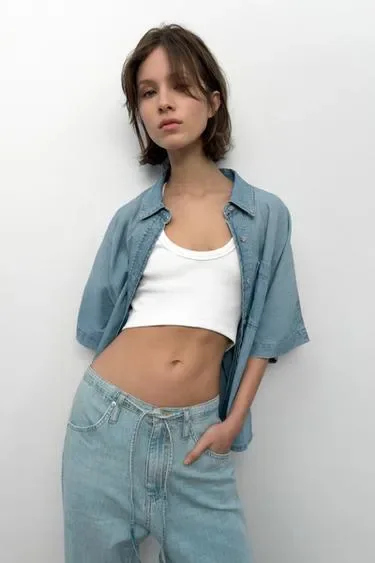 Zara Джинсовая рубашка TRF с коротким рукавом