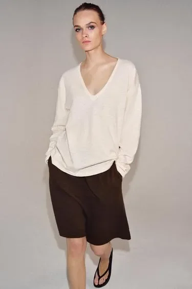 Zara Футболка в стиле рустик с длинными рукавами