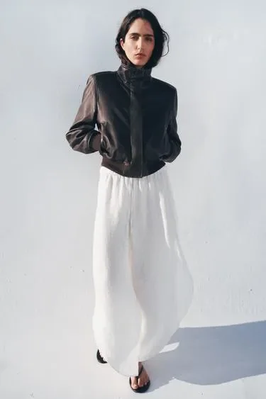 Zara Кожаная бомбер-куртка с накладными подкладками ZARA «ZW» лимитированная коллекция