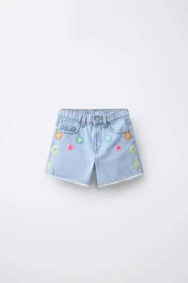 Zara Джинсовые шорты «мом фит» с цветочным кружевом кроше