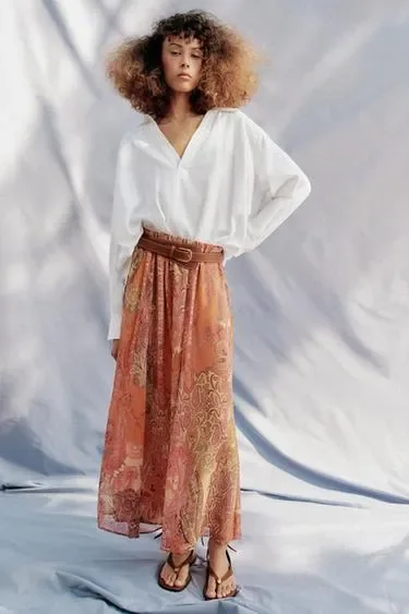 Zara Юбка миди с принтом и поясом