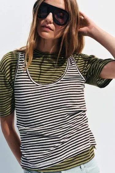 Zara Топ в полоску из хлопка и льна