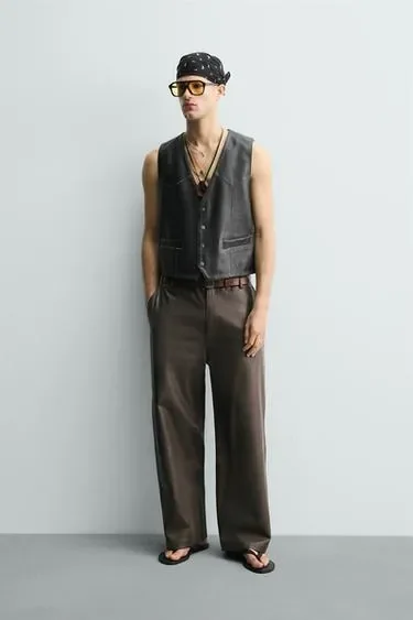 Zara Кожаный жилет с контрастной строчкой