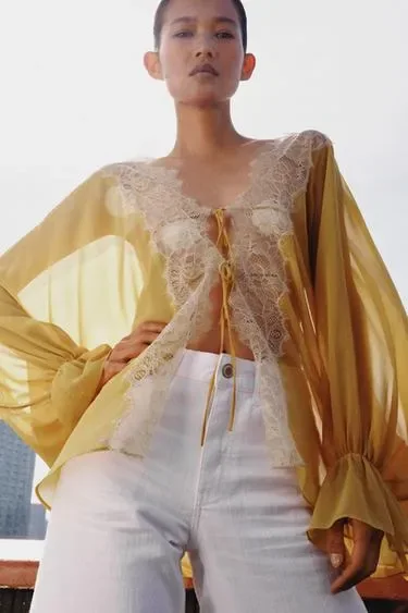 Zara Комбинированная блуза с кружевом — коллекция ZARA «ZW»