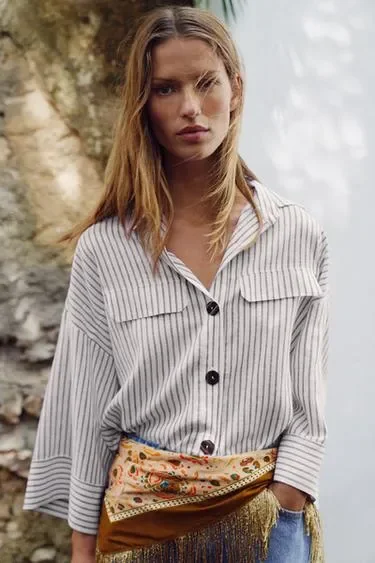 Zara Рубашка в полоску из льна