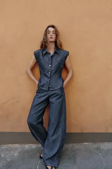 Zara Рубашка с баской, подплечниками из льна