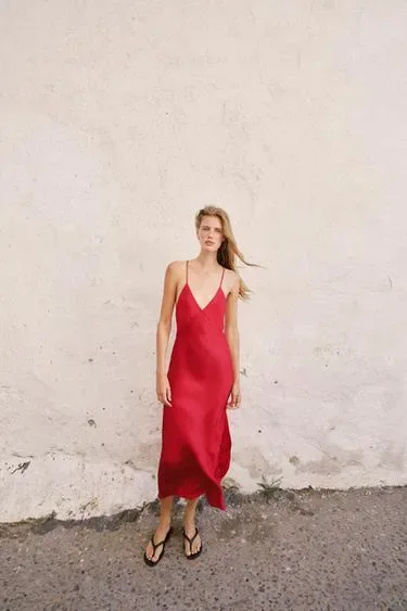Zara Атласное платье миди с бусинами