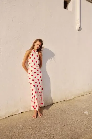 Zara Платье миди с горловиной халтер в горошек