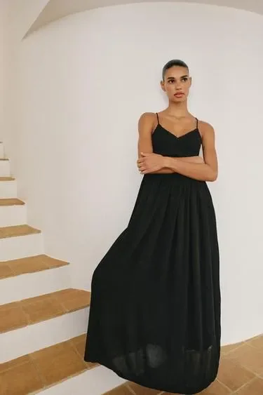 Zara Длинное комбинированное платье из трикотажа и крючка