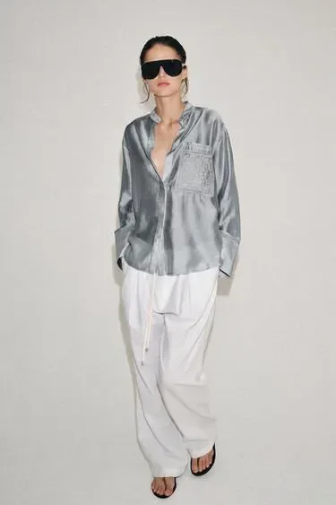 Zara Рубашка с карманом и вышивкой — коллекция ZARA «ZW»