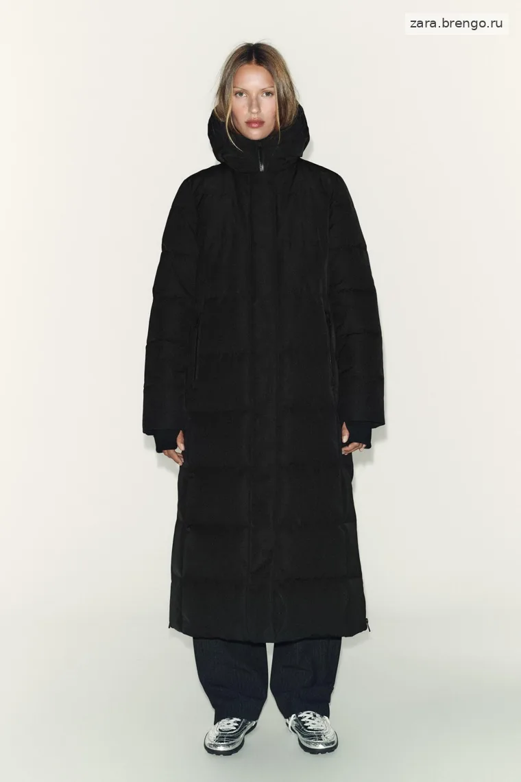 Пуховик zara с капюшоном от ветра и воды extra long