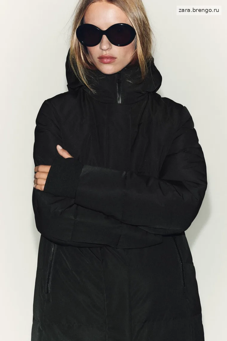 Пуховик zara с капюшоном от ветра и воды extra long