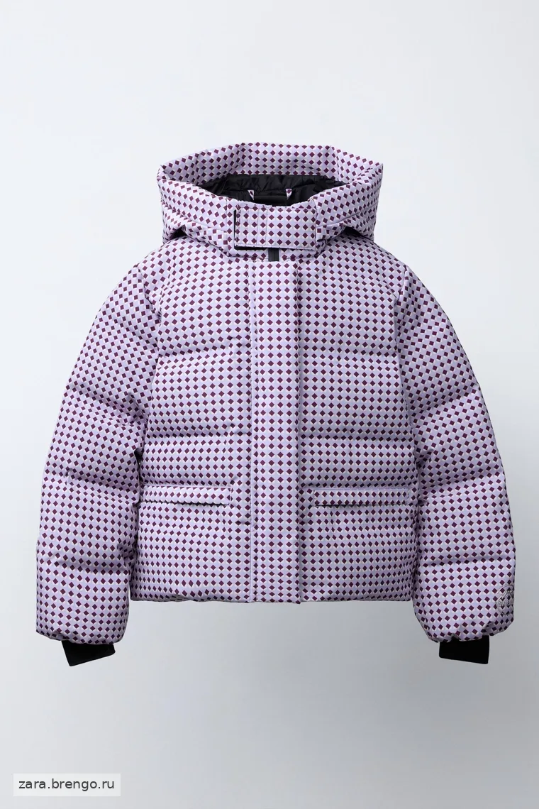 Пуховик zara с реcco® system ski collection, геометрический принт, 80% пуха и 20% перьев, водонепроницаемый и ветрозащитный