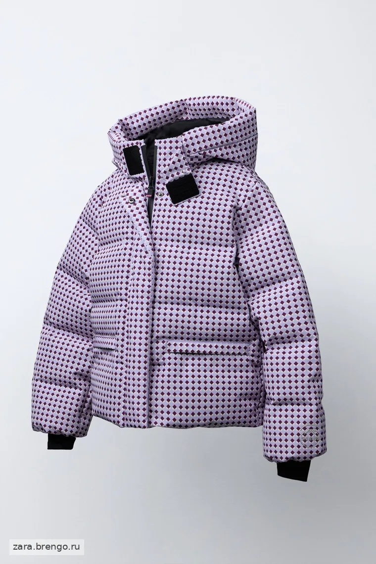 Пуховик zara с реcco® system ski collection, геометрический принт, 80% пуха и 20% перьев, водонепроницаемый и ветрозащитный
